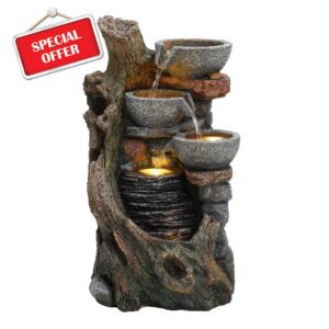 Cascading Outdoor Water Feature Electric Garden Fountain Cement Grey 5 Warm White LED Lights IP44 Plug-In Pump 7m Cable Statue Straight Waterfall Home Patio Decor Rustic Brook FREE Cleaning Brush