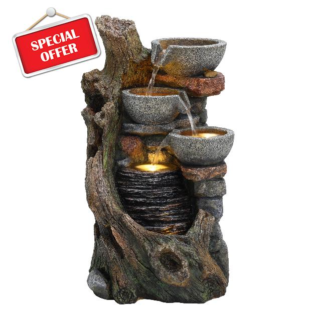 Cascading Outdoor Water Feature Electric Garden Fountain Cement Grey 5 Warm White LED Lights IP44 Plug-In Pump 7m Cable Statue Straight Waterfall Home Patio Decor Rustic Brook FREE Cleaning Brush
