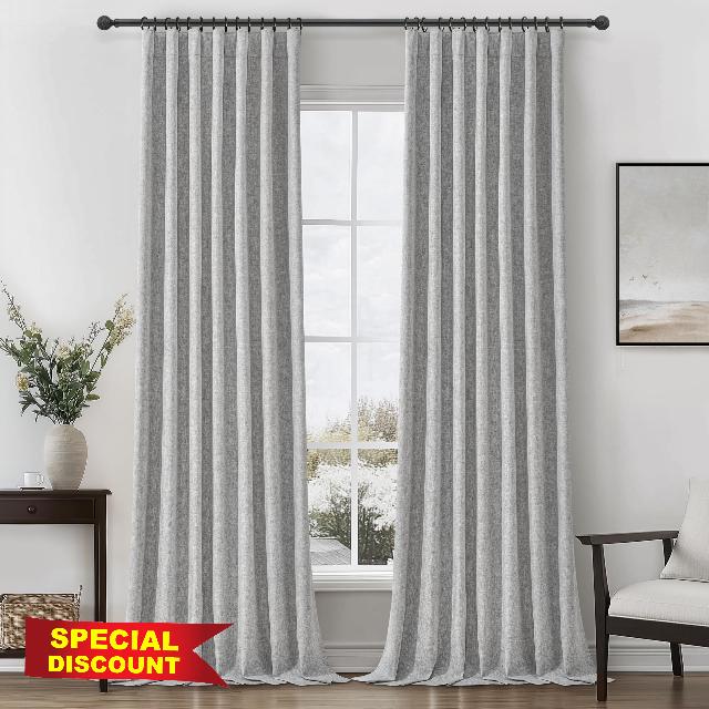 Gray 100% Blackout Linen Tall Curtains 132 Inches Extra Long 2 Panels Set for Kids Boys Room