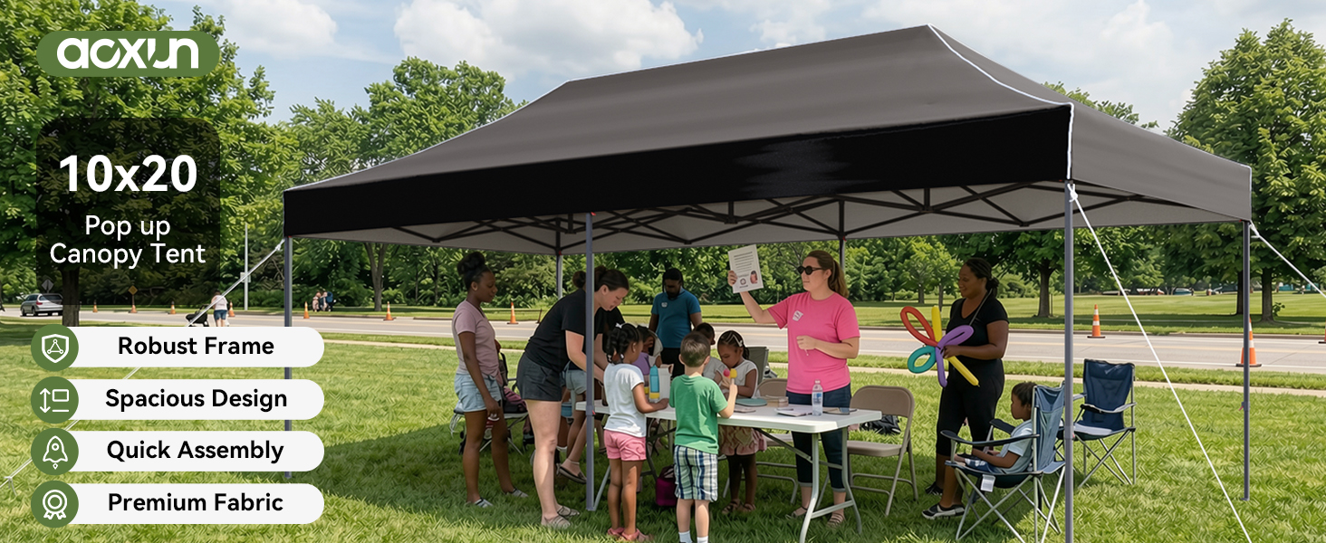 Text reads 'aoxun', '10x20', 'Canopy Tent', 'Robust Frame', 'Seamless Design', 'Quick Assembly', 'Premium Fabric'. Black pop-up canopy tent with people standing underneath in outdoor setting.