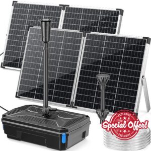 POPOSOAP 120W Solar Pond Filter & Fountain Pump Kit for Outdoor Ponds                                                          6000L/h Submersible Pump with 4-Stage Filtration & 3 Nozzles for Fish Tanks