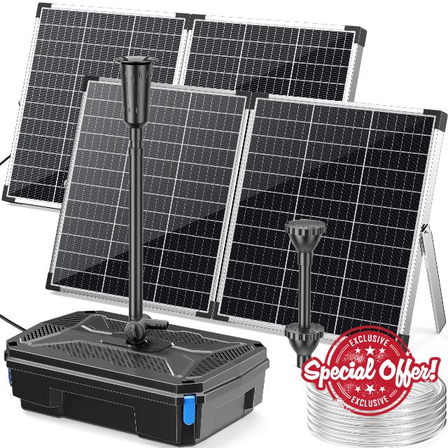 POPOSOAP 120W Solar Pond Filter & Fountain Pump Kit for Outdoor Ponds                                                          6000L/h Submersible Pump with 4-Stage Filtration & 3 Nozzles for Fish Tanks