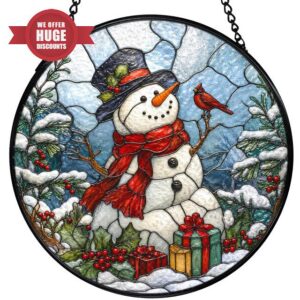 Christmas Snowman Stained Glass Suncatchers Wall Decor 7.8x7.8                                                          Rustic Winter Snowy Forest Cardinal Snowman Christmas Sun Catchers Indoor Window Hanging Garden Glass Wall Art Decorations