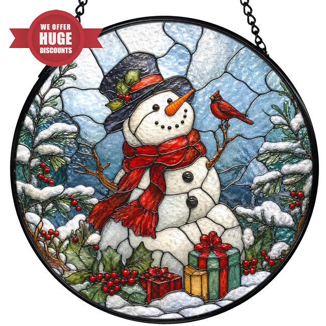 Christmas Snowman Stained Glass Suncatchers Wall Decor 7.8x7.8                                                          Rustic Winter Snowy Forest Cardinal Snowman Christmas Sun Catchers Indoor Window Hanging Garden Glass Wall Art Decorations
