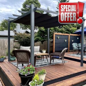 PURPLE LEAF Metal Pergola 3x3.65 M Retractable Canopy Grey                                                          UV-Resistant Canopy for More Reliable Sun Protection