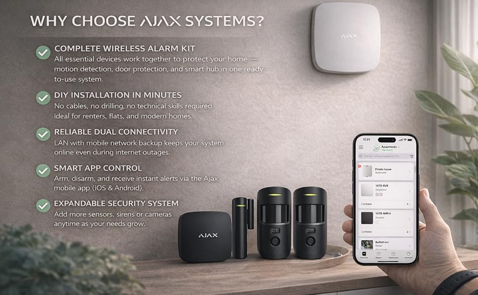 Text reads 'WHY CHOOSE AJAX SYSTEMS?' followed by multiple bullet points. Product display shows Ajax security system components including hub, sensors, and mobile app interface.