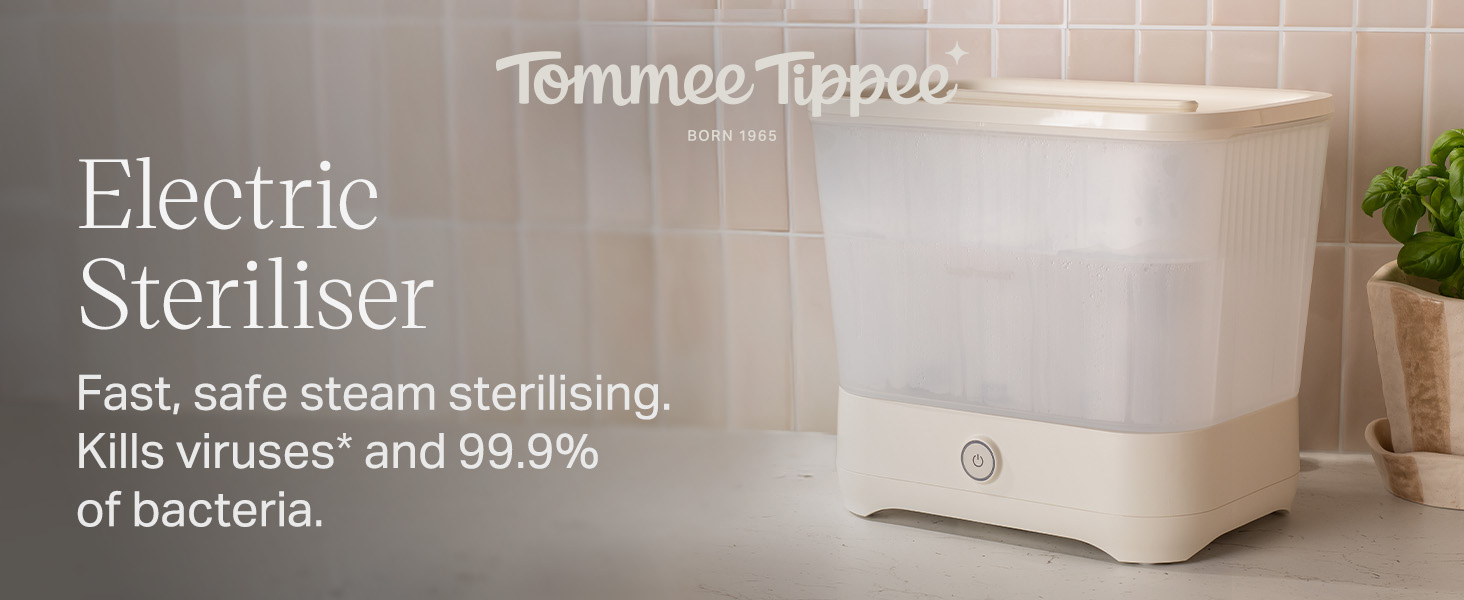 Text reads: 'Temmuz Tiryaki', 'Electric Steriliser', 'Fast, safe steam sterilising', 'Kills viruses and 99.9% of bacteria'. White compact UV sterilizing device for sanitization.