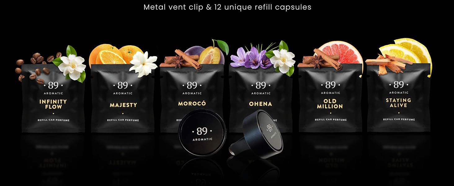 Text reads 'SET INCLUDES'. Row of six black premium-looking food ingredient packages showing different items including berries, red peppers, citrus fruits, and spices against black background.