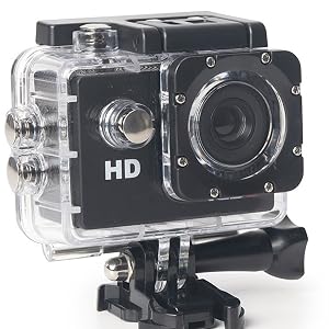 Text reads 'HD' on black waterproof action camera with protective clear casing, lens, and black mounting bracket base for sports recording.