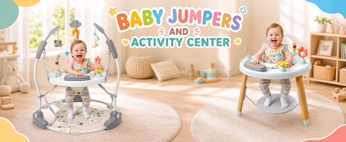 Text reads 'BABY JUMPERS', 'AND', 'ACTIVITY CENTER'. Baby bouncer product with patterned fabric, seated infant, and gray high chair visible in contemporary nursery room.