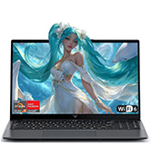 Laptop computer displaying colorful digital display screen on white background, angled front three-quarter view.