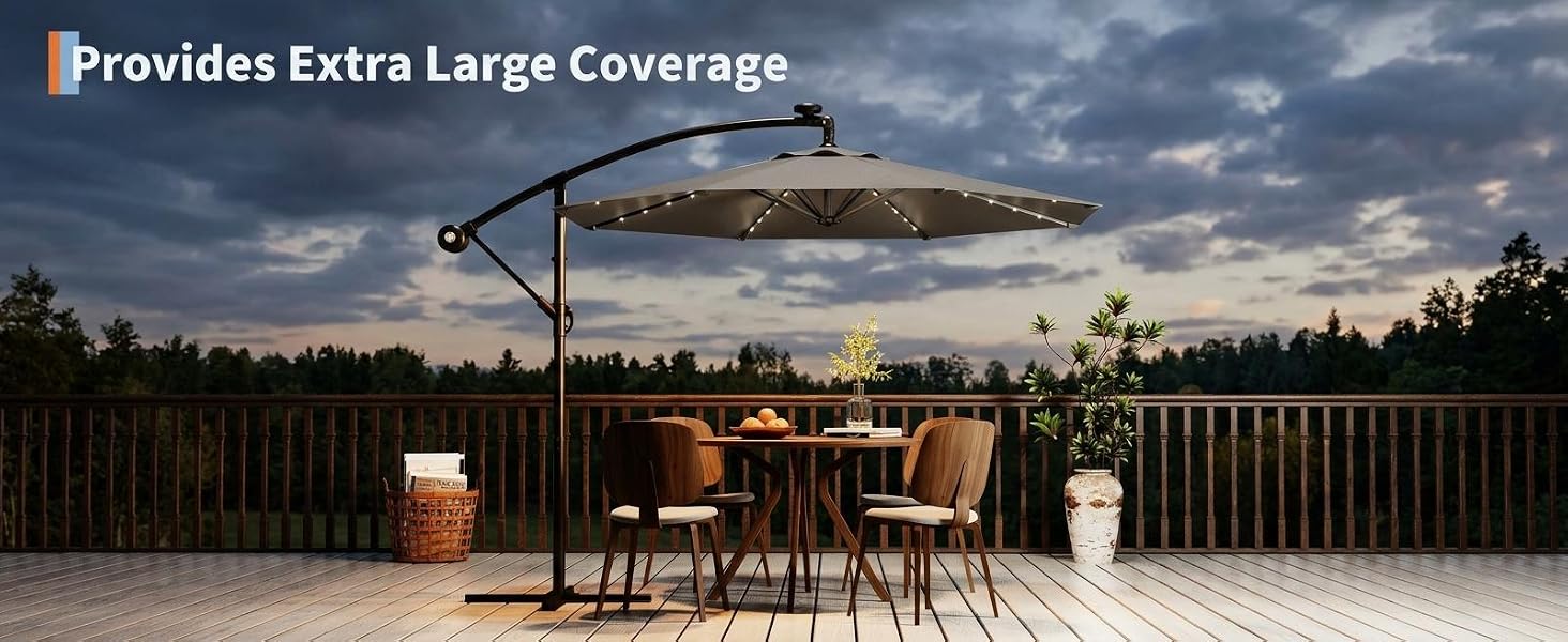 Text reads "Provides Extra Large Coverage". Large outdoor patio umbrella with dark canopy shading seating area on modern deck overlooking landscape.