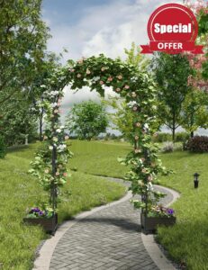 Sturdy Metal Garden Arch Trellis with Dual Planter Boxes – Outdoor Wedding Arbor & Ceremony Backdrop – Supports Climbing Flowers & Vines – Elegant Yard Decor – Span 1.2