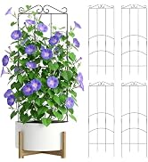 Climbing plant tower trellis with purple flowering vine demonstration. Left shows assembled tower with blooms; right displays four flat metal grid trellis panels with decorative scrolled tops for vertical garden support.