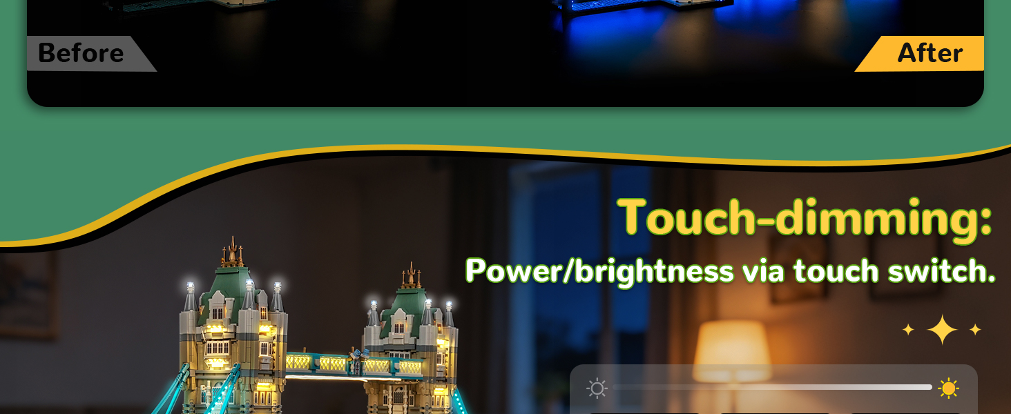 Text reads 'Comes With Various Kind Of Light Accessories - The Model Ideal Solution'. Image shows illuminated architectural model display with Tower Bridge replica structure.