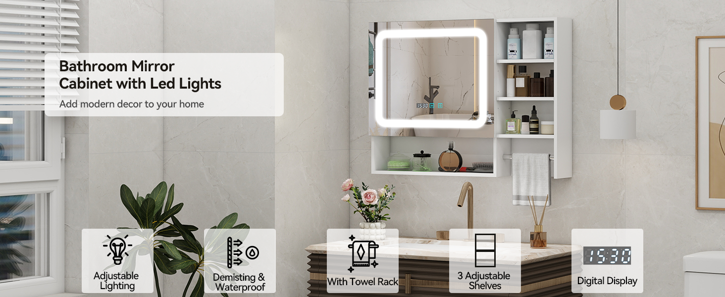 Text reads 'Bathroom Mirror Cabinet with Led Lights'. White wall-mounted medicine cabinet with mirror door, LED lighting, and shelving visible in lifestyle setting.