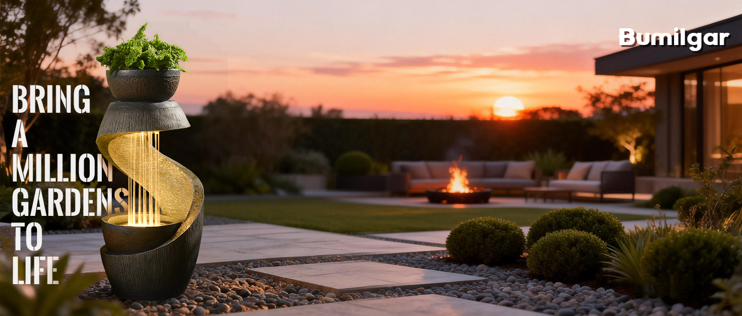 Text reads: 'BRING A MILLION GARDENS TO LIFE' and 'Sunnigar'. Sunset landscape showing outdoor patio area with decorative planters and ambient lighting.