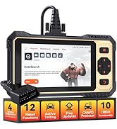 Text reads 'Autodscan' and displays icons for '4', '12', 'Reset Options', 'Engine', 'Free', 'CANBUS', '10'. Rugged diagnostic tablet device with attached thermal camera probe, rotating dial control on right side, and color touchscreen displaying automotive interface with person image.
