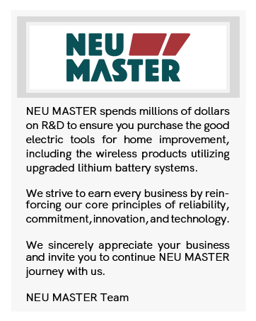 Text advertisement for Neu Master, highlighting R&D investment in electric tools and battery systems, emphasizing reliability, innovation, and customer appreciation.