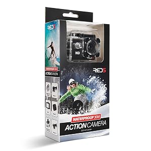 Two action cameras displayed: waterproof GoPro-style camera with protective casing and black compact HD camera with RED branding on dark background.