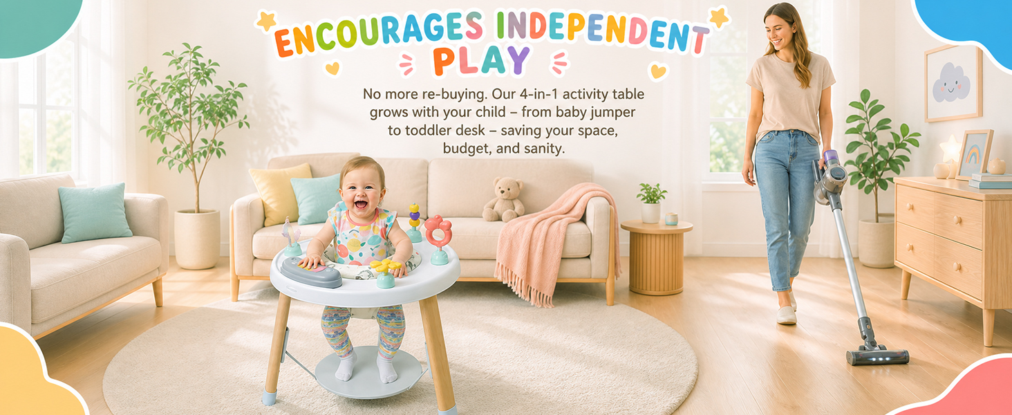 Text reads 'ENCOURAGES INDEPENDENT PLAY'. Interior living room scene with toddler playing with toys on floor while adult supervises in background.