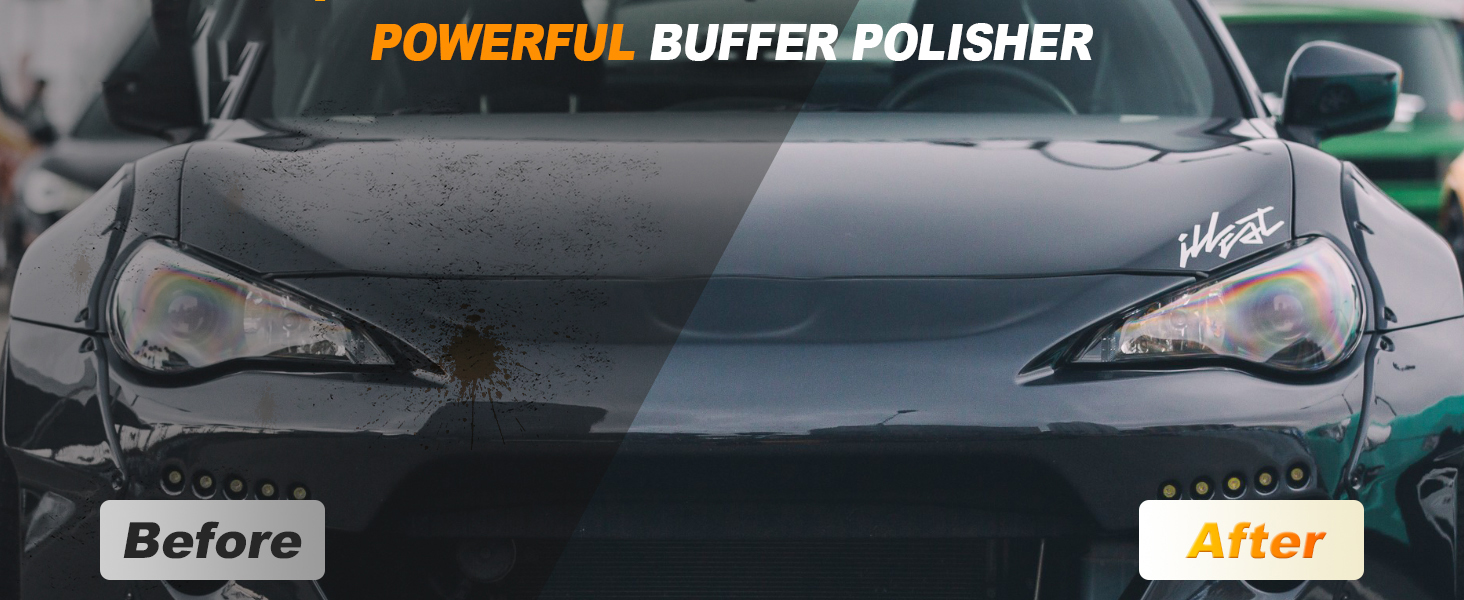 Text reads 'POWERFUL BUFFER POLISHER' with 'Before' and 'After' labels showing car surface treatment comparison