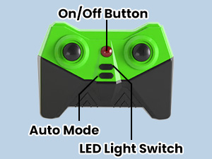 Green and black device with two circular lenses, featuring on/off button, auto mode, and LED light switch, labeled for each function.