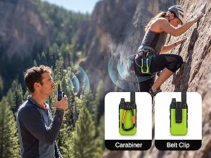 Man rock climbing outdoors in mountainous forest setting. Two product containers labeled "Carabiner" and "Belt Clip" shown against climbing scene.