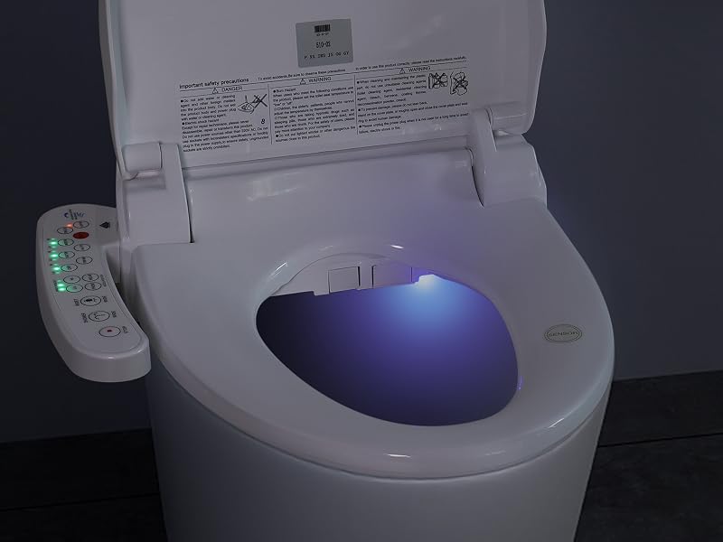 Electric toilet seat with bidet function. Diagram shows elongated and round seat options. Image displays installation requirements including perfect fit, may not fit scenarios, and electrical outlet needs.