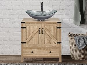Rustic bathroom vanity with barn door-style cabinet, vessel sink, and wicker storage baskets, set against a white brick wall.