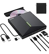 External CD/DVD drive with USB-C and USB-A cables, SD card reader, geometric pattern on top. Includes disc, storage pouch, and memory cards.