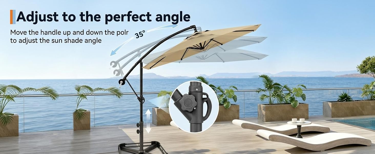 Text reads 'Cantilever Umbrella with Base' with feature icons below. Large tan cantilever umbrella with base shown in outdoor poolside setting with lounging figures and tropical scenery.