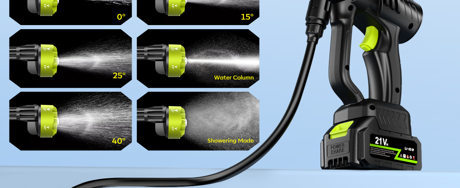 Text reads: 'MULTI-FUNCTION NOZZLE', '60 min Watering Time'. Garden hose spray nozzle in yellow and black, shown spraying water with multi-function spray settings displayed.