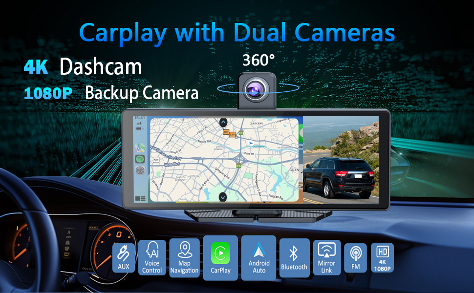Text reads 'Carplay with Dual Cameras'. Dashboard interface showing navigation system with multiple menu icons and camera views.