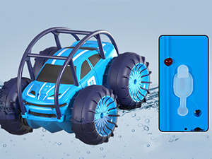 Blue remote-controlled toy car with large wheels and protective roll cage. Includes separate remote control with joysticks.