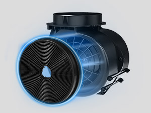Black and blue cylindrical air movement device with circular grille front, featuring blue transparent dome or chamber component and black circular base.