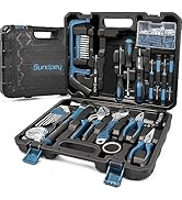 Pink and black toolkit case containing various hand tools, screwdrivers, wrenches, and DIY accessories organized in molded compartments.