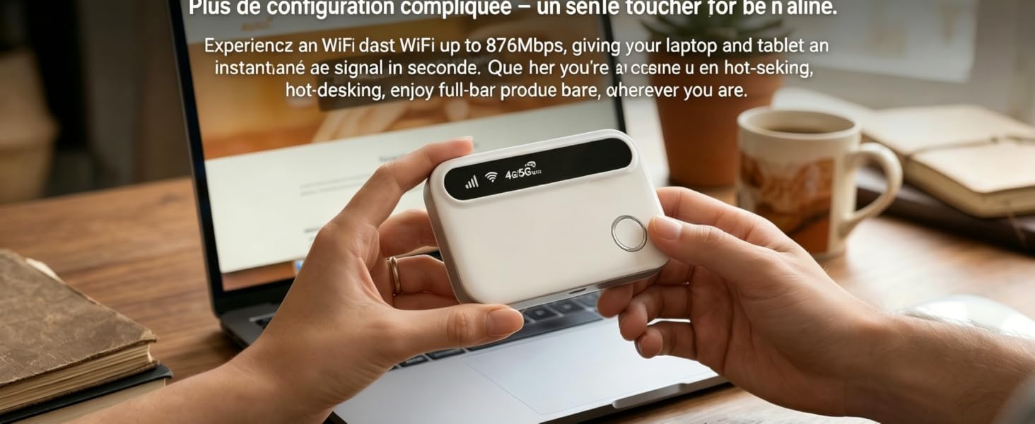 Text reads 'Performance at a Glance', '300Mbps', '2100mAh', '30 Devices'. White portable wireless device with specifications displayed on dark background highlighting speed, battery capacity, and connectivity range.