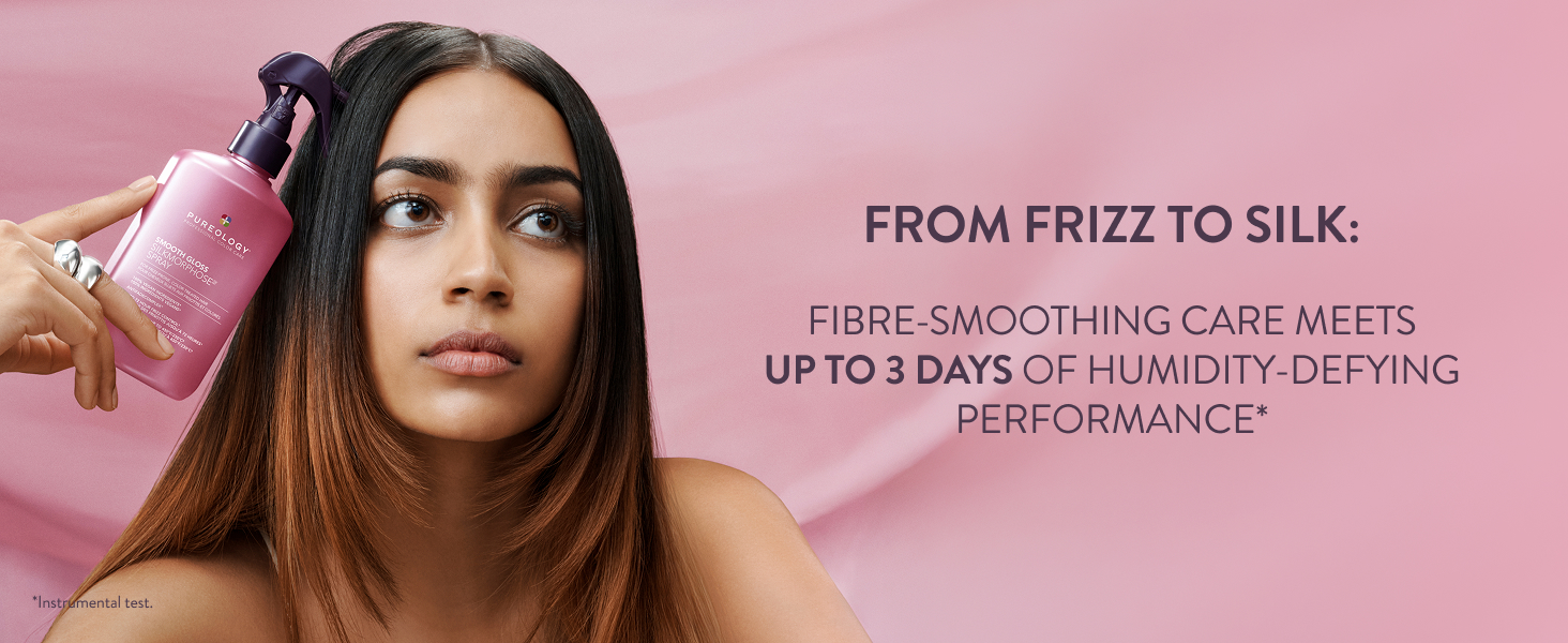 Text reads "FROM FRIZZ TO SILK: FRISE SMOOTHING CARE MEETS UP TO 3 DAYS OF HUMIDITY-FIGHTING SMOOTHNESS". Woman with long brown hair against pink background for haircare product advertisement.
