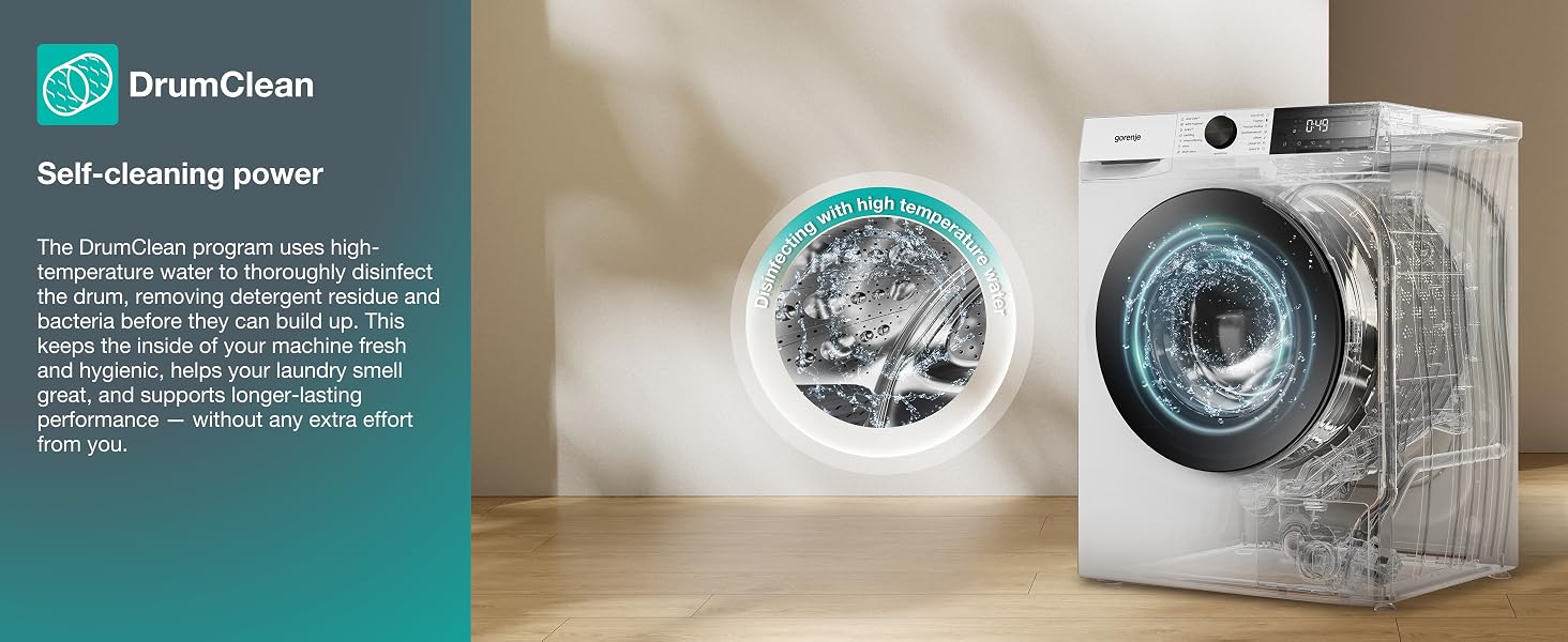Text reads 'DrumClean' 'Self-cleaning power'. White and black front-load washing machines shown with 'Drum Clean' technology feature description in teal sidebar.