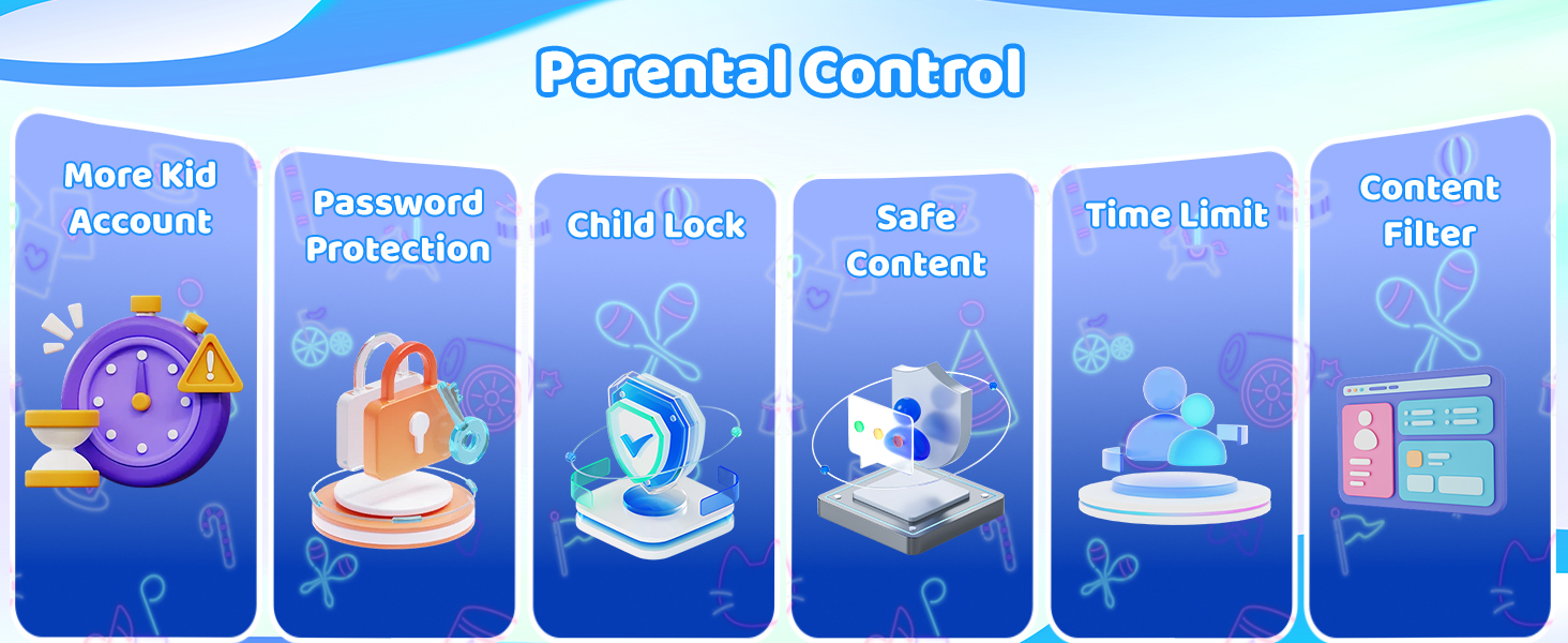 Text reads "Parental Control" with feature icons below showing "Mature Account Protection," "Child Lock," "Safe Content," "Time Limit," and "Content Filter" on blue gradient background with wave design.
