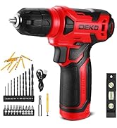 Text reads 'DEKO'. Cordless power drill shown with complete accessory set including multiple drill bits, screwdriver bits, and level tool.