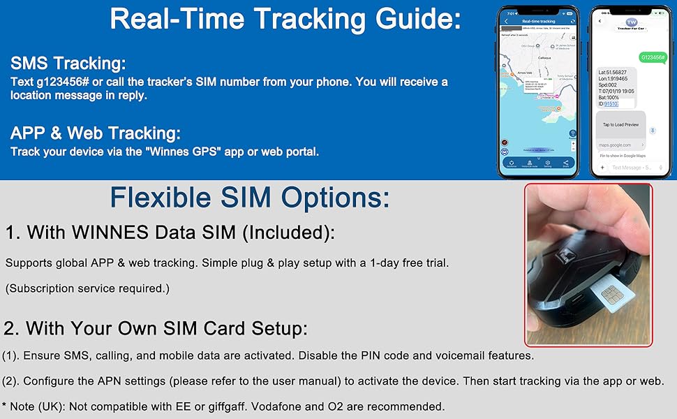 Text reads 'Bluetooth Tracker' vs 'WINNES 4G GPS TRACKER' with feature comparison. Bluetooth tracker shown left with basic icons; Winnes GPS tracker right with advanced features including GPS, Glonass, Galileo, 4G connectivity, water resistance, long battery life. Bottom text reads 'Choose the right tracker for real vehicle protection.'