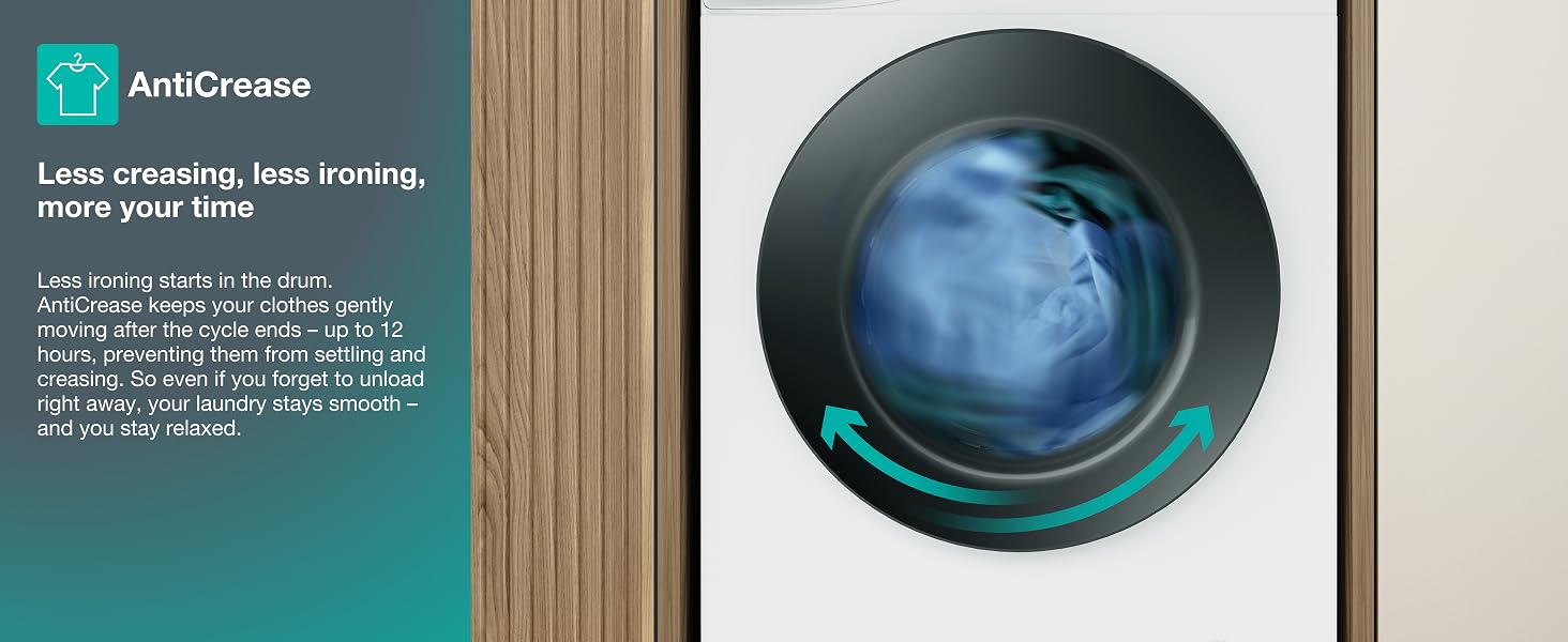 Text reads "AllCleaner" and "Keep creaking, less ironing, more your time." Product features a dark spherical object with blue glowing center and teal/green ring accent on wooden surface background.
