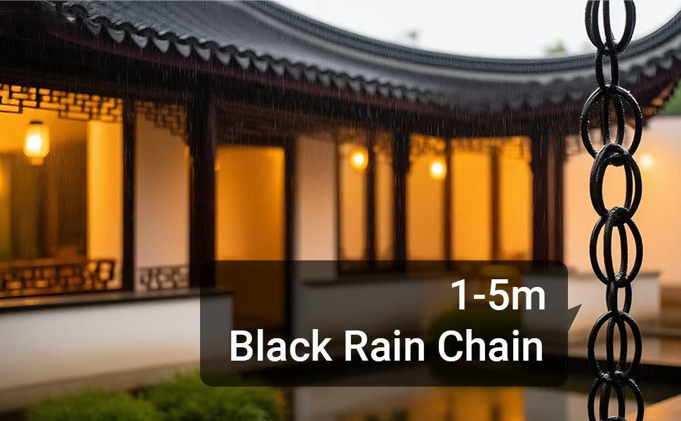 Text reads '1-5m Black Rain Chain'. Decorative black chain hanging from traditional Asian architecture with golden-lit windows at dusk, demonstrating rain chain installation.