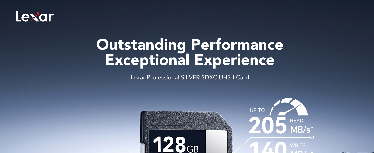 Lexar Professional SILVER 2000x UHS-II SDXC memory card, 128GB capacity, up to 205 MB/s read speed. Product image showcases card and performance specs.