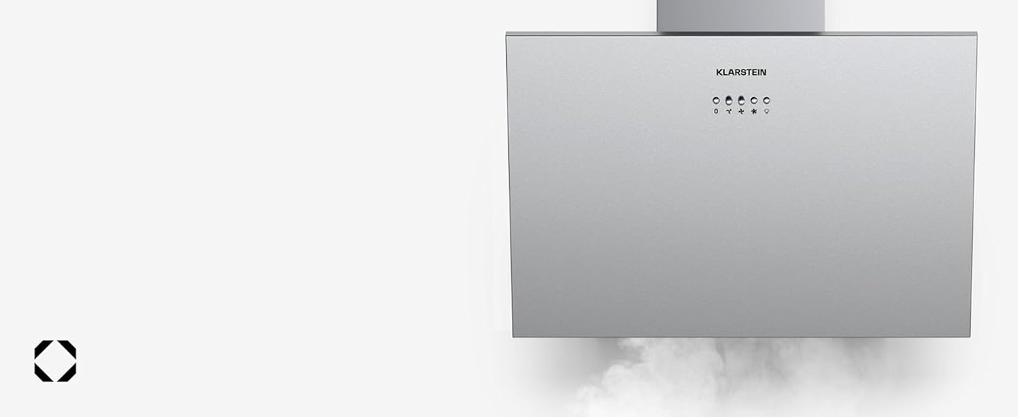 Silver stainless steel range hood with sleek flat-front design and minimalist button controls, shown against white background with subtle shadow effects.