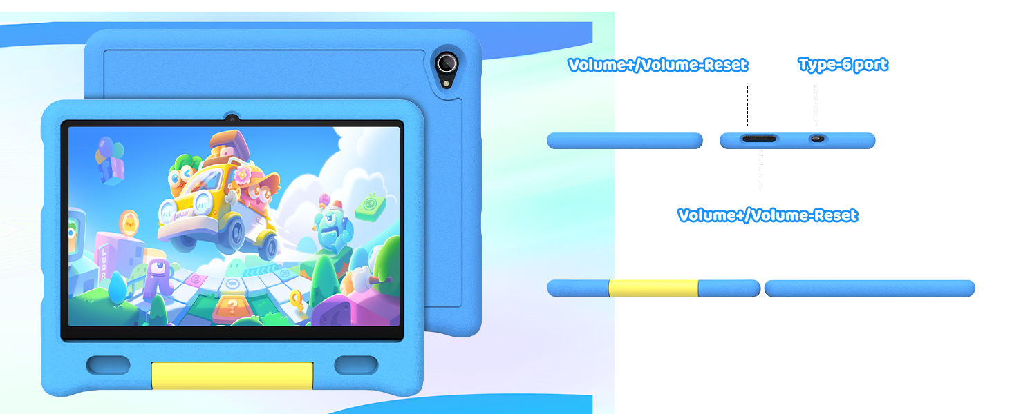 Blue tablet device with colorful animated interface display showing characters and landscape. Educational interface with adjustable sliders and menu options visible on screen.