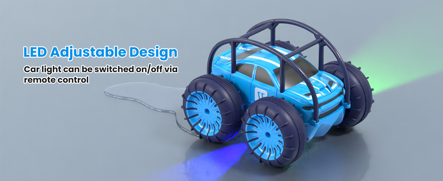 Blue remote-controlled car with LED lights and large wheels. Features adjustable lighting that can be switched on/off via remote control.