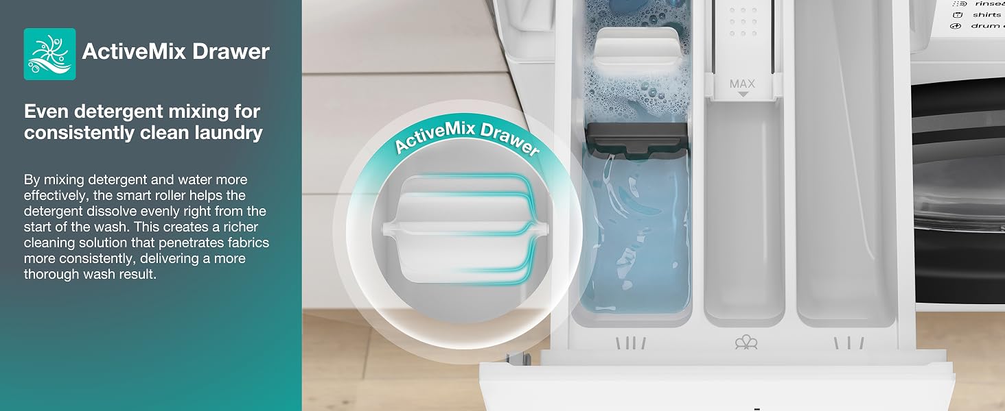 Text reads 'ActiveAide Drawer' and 'Keeps detergents running out consistently rather cleanly.' Product display showing white drawer organizer with turquoise accent and multiple compartments containing white bottles and household cleaning supplies.